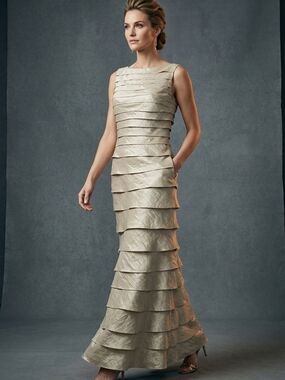 Adrianna Papell Champagne Gold Maxi dress  Tiered Pleated  Formal Wedding Guest